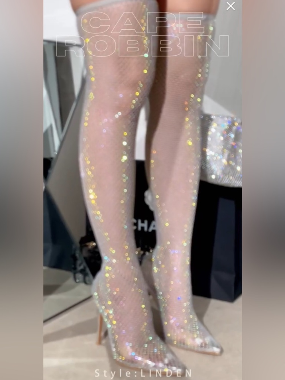 •CAPE ROBBIN• “Linden” Rhinestone Mesh Thigh High Heels - Multi // NIB